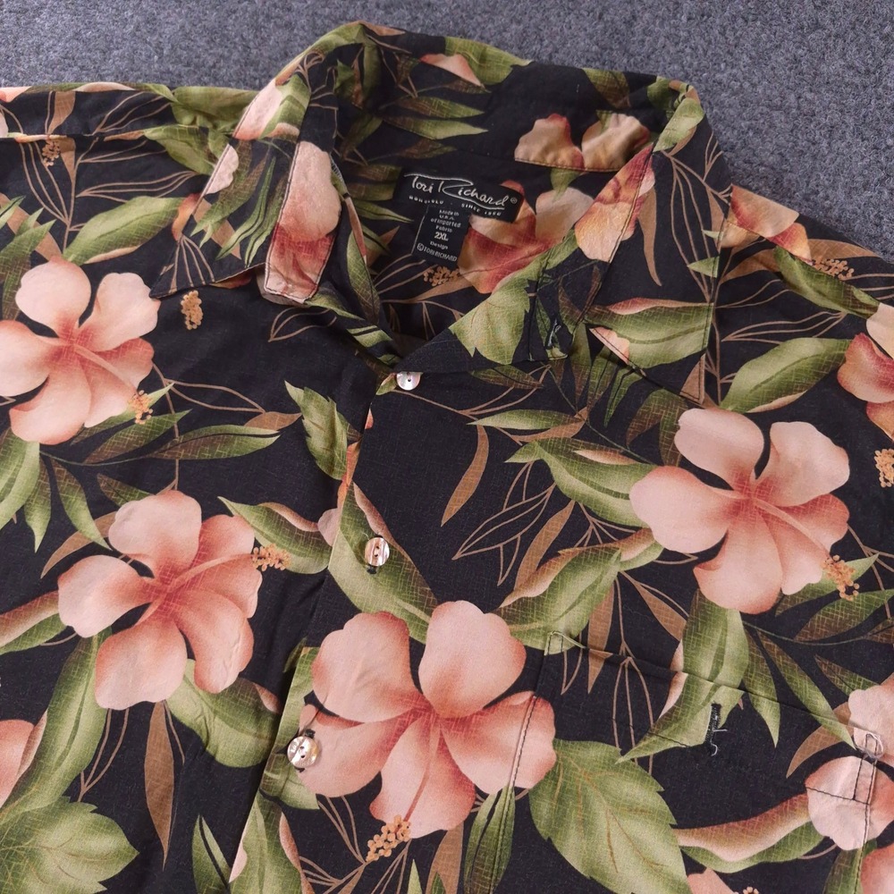 Vintage Tori Richard Honolulu Hibiscus Floral Aloha Shirt Mens 2XL Black Pink